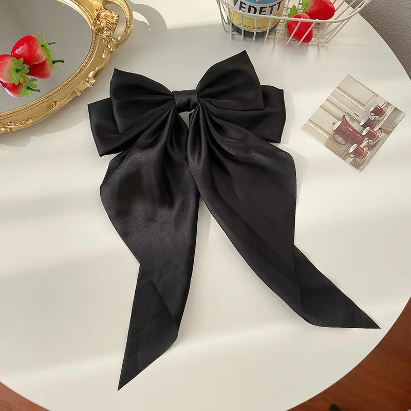 11 Solid Color Satin Ribbon Big Bows Hairpin Spring Clips Hair Accessories
