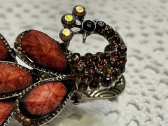 Vintage Style Peacock Bird Barrette Clip Rhinestone Gold-toned Reddish Orange