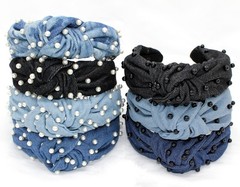 Blue Knotted Denim Headband Black Pearl Dark Blue Jean Top Knot Hair Band