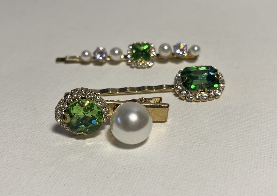 Rhinestones and Faux Pearls Barrettes/Hair Clips Emerald Green Set of 3 Cocktail
