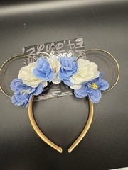 Disney Minnie Mouse Ears Headband Gold Tone Blue/White Floral Flower