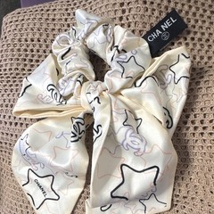 CHANEL Women’s Silk Bow Scrunchie Hair Tie Logo Pattern White/Black/Purple