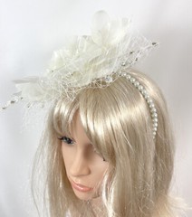 Victorian Vintage Bridal Fascinator – White Feather & Lace Flower with Pearl