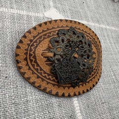 Vintage Boho Tooled Leather Barrette Hair Clip Filigree Metal Accent Taiwan