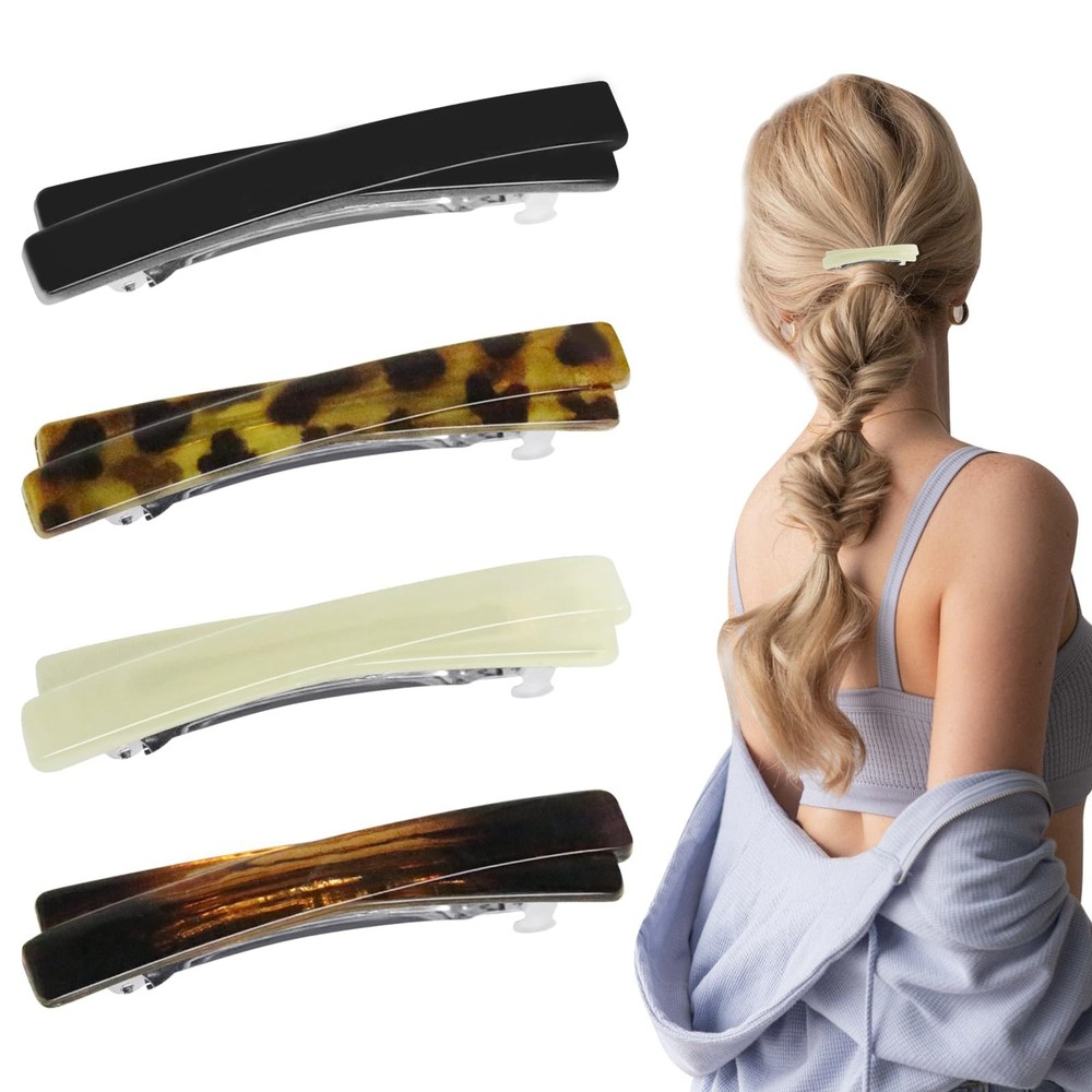 4Pcs French Barrette 1 Count (Pack of 4), Black, White, Amber, Leopard Print