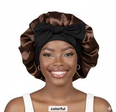 Women’s Reversible Satin Hair Bonnet Sleep Cap, Brown/Black Solid Bow