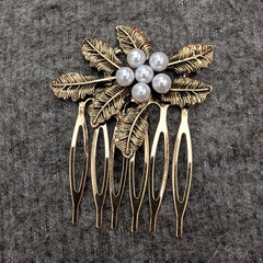 Gold Tone Leaf Hair Comb Hair Accessory w/ Pearl Accents Women