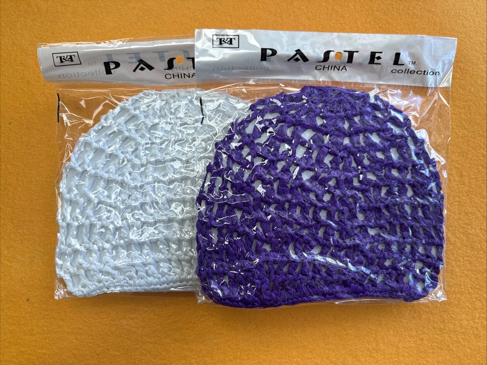 Purple And White Mesh Hair Net Crochet Cap 2 Pc Sleeping Night Head Cover