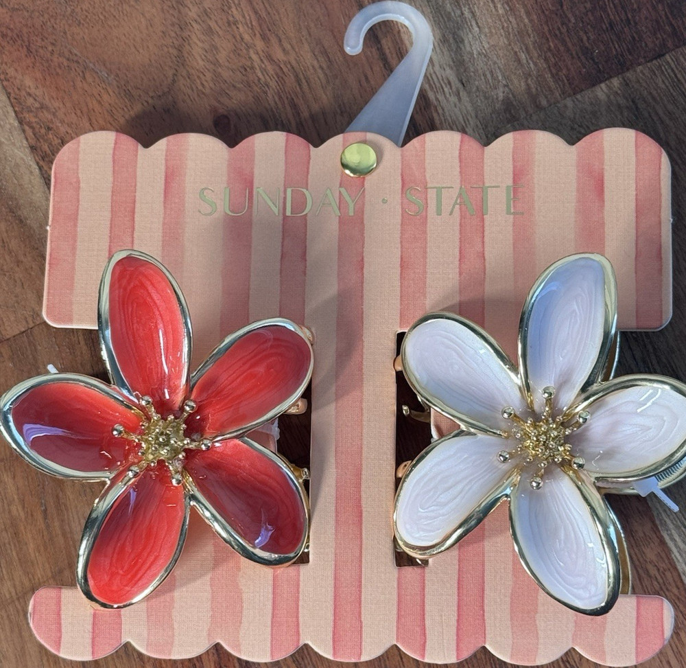 Sunday State Flower Hair Claw Clips Red White Metal Floral Accents Set of 2