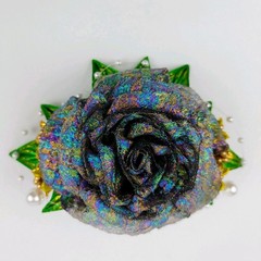 Hand Crafted Midnight Teal Green Gold Rose With Pearl Accent Hair Accessory Clip
