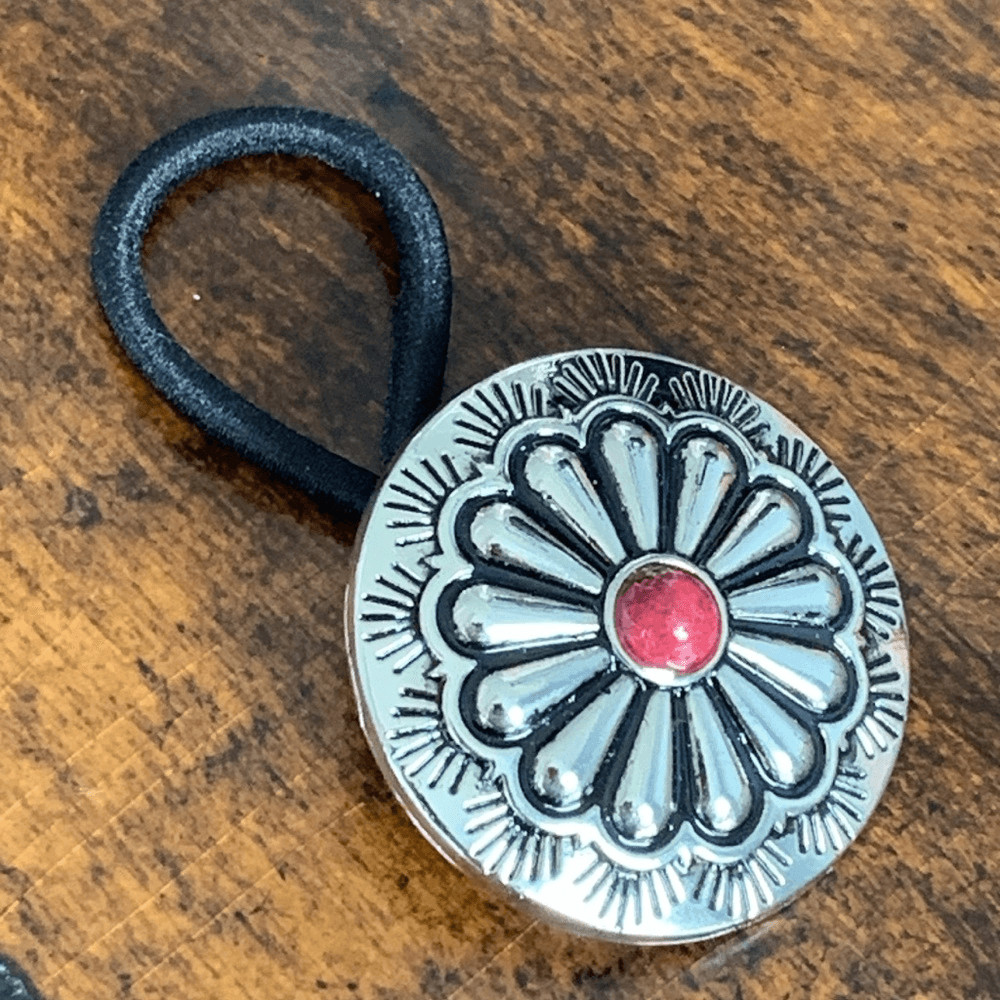 Western Concho Ponytail Holder Navajo Style, Red Accent Stone