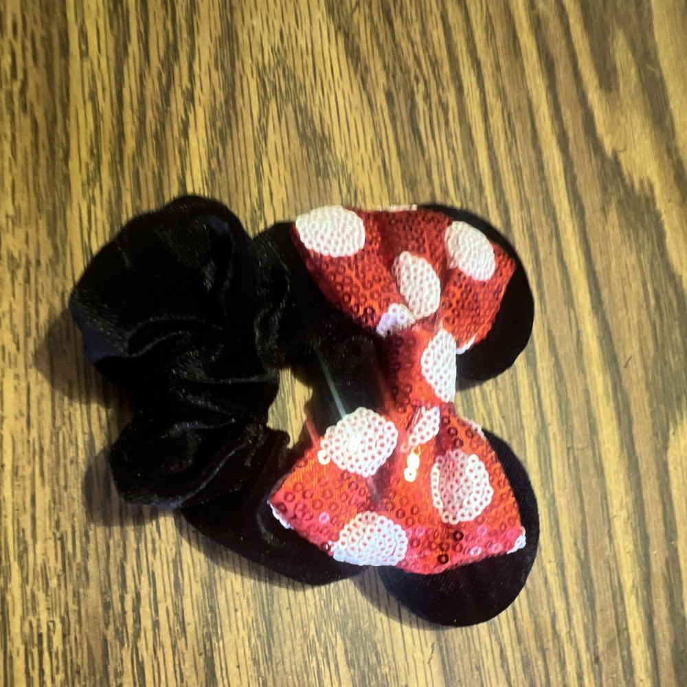 Minnie Mouse Sequin Polka Dot Bow Scrunchie Hair Tie Elastic Black Red White