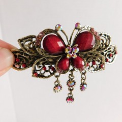 Butterfly Sequined Hair Clips Barrettes Lot of 3, Metal Jeweled Red Silver-Tone