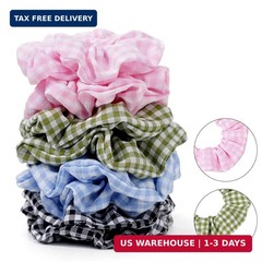 Satin Scrunchies for Women – 8PCS Plaid Mix (Light Blue, Black & White, Pink, Da