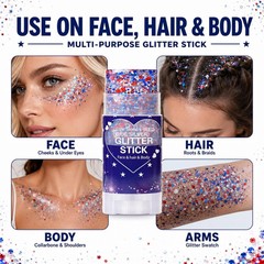 Patriotic Red White and Blue Hair Glitter Stick, 4th of July Accessories, Americ
