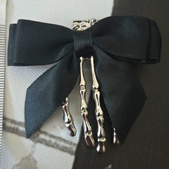 Gothic Black Bow Barrette Hair Clip w/ Silver Hand Charm, Metal Fabric