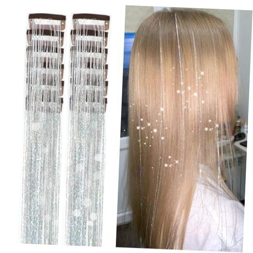Hair Tinsel Pack of 12 Pcs Clip in Hair Tinsel 1 Count (Pack of 12) Silver