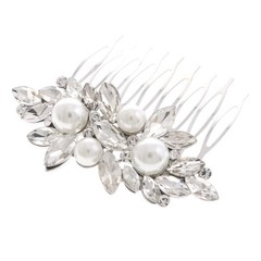 New Silver Metal Clear Rhinestone Crystal White Pearl Hair Comb HA1935-SWH