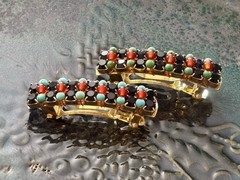 2 Vintage Glass Rhinestone Beaded Barrettes Made in France Turquoise Amber Black