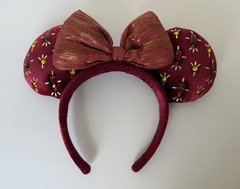 Burgundy Mouse Ears Headband Floral Fabric Bow, Women Teens Unisex