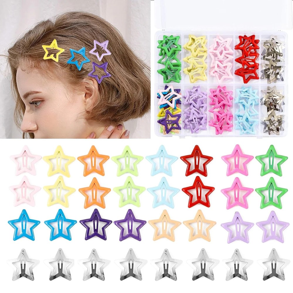 55Pcs Colorful Star Hair Clips for Women and Girls – Metal Snap Barrettes