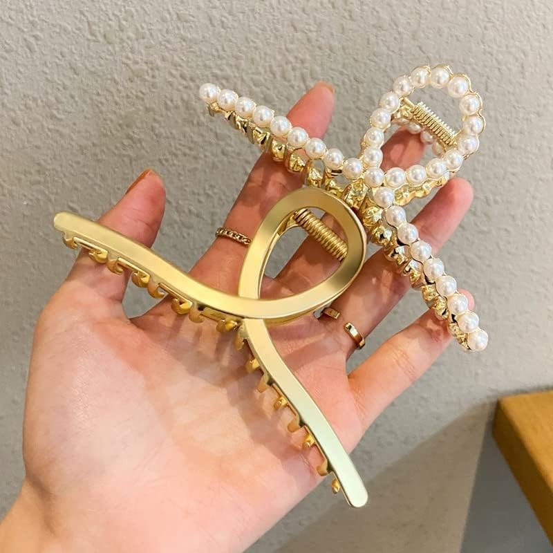 2Pcs Matte Golds Pearl Gold Large Metal Hairs Claw for Women with Pearls