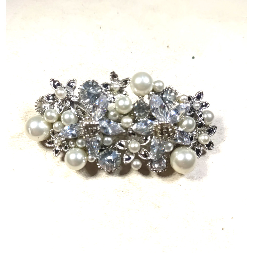 Hair Barrette Tension Clip Faux Pearls Rhinestone Silver Tone Elegant Church…