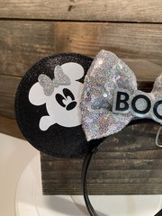 Disney Mickey & Minnie Mouse Ghost Ears Headband Silver Bow Halloween “Boo”