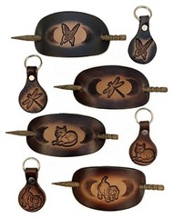 Genuine Leather Hair Barrette w Stick & Matching Keyfob, Ponytail Holder, Animal