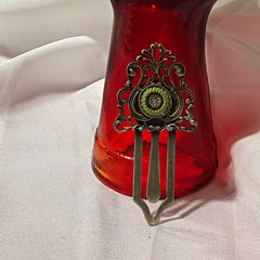 Vintage Victorian Silver Tone Filigree Metal Hair Comb Clip w/ Green Cabochon