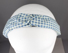 Blue White gingham turban knot twist headband plaid fabric covered ban