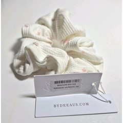 Bydee Aphrodite Scrunchie White Waffle Knit Pink Floral Rose Hair Tie