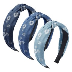 3 PCS Blue Wide Denim Knotted Top Knot Cloth Headbands Hairbands For Women
