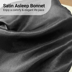 2-in-1 Satin Sleep Bonnet & Eye Mask, Adjustable Silk Hair Cap Large, Black