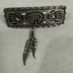 Southwestern Silver Tone Spirit Bear Paw Feather Dangle Hair Barrette Signed