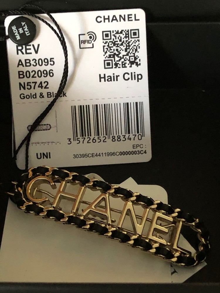 CHANEL 20C NEW TAGS Gold Chain Black Leather CHANEL LOGO HAIR CLIP BARRETTE BOX