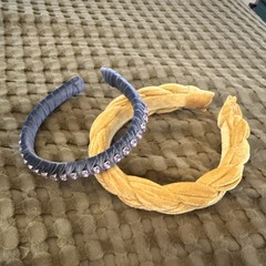 Lot of 2 Women’s Padded Braided Fabric Headbands Yellow Blue Rhinestone