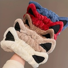 Face Wash Coral Fleece Headband Hair Band with Cat Ears Cartoon Cute Design