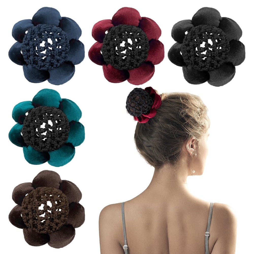 5 Pack Large Ballet Hair Bun Covers with Flower Ponytail Elastic Knit Mesh Snood