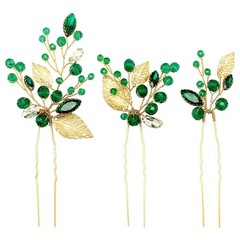 3 PCS Crystal Wedding Hair Pins Emerald Green Rhinestone Gold Leaf Vine Piece