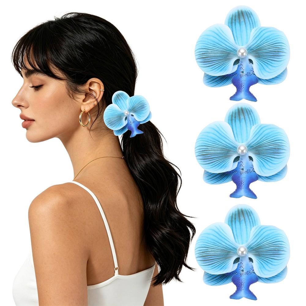 Orchid Flower Hair Clips (3.5 Inch) 3Pcs, Hair Flowers for Women, Light Blue