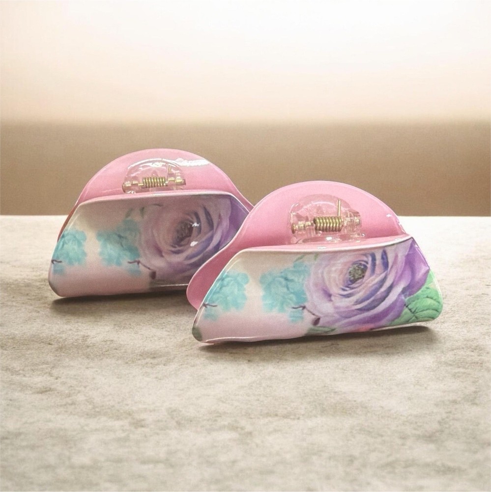 Women’s Pink Purple Blue Floral Flower Hair Claw Clips Pair Plastic, pack of 2