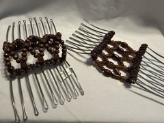 Beaded Brown Wood and Metal Rectangular Hair Comb for Women Geometric Pattern