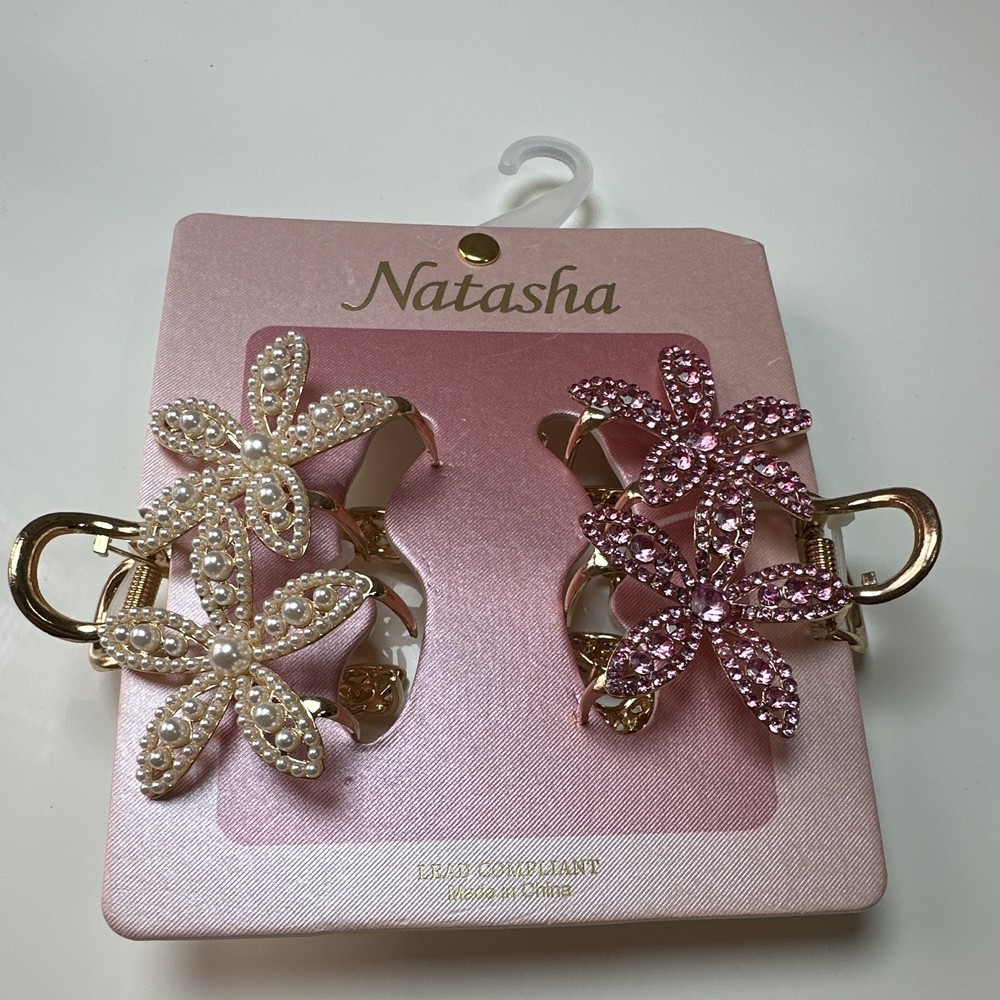 Natasha Women’s Flower Hair Claw Clip Set Gold Pink White Pearl Rhinestone