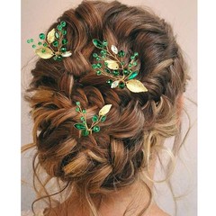 Crystal Wedding Hair Pins Emerald Green Rhinestone Gold Leaf Vine Bridal Hair