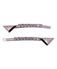 Authentic PRADA Triangle Logo Brass Hair Clip Silver-Tone Women 1IF098 #6358