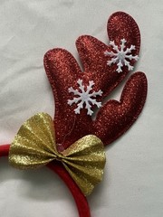 Christmas Reindeer Antlers Headband Red Glitter Gold Bow Snowflake Accents