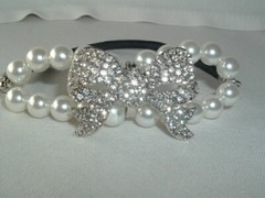 WEDDING BRIDAL FAUX PEARL & RHINESTONE BOW PONYTAIL HOLDER UP DO HAIR ACCESSORY