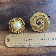 2 Vintage Gold Tone Metal Hair Tie Rubber Band Faux Pearl Flower Swirl