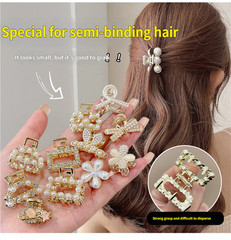 2Pcs Bangs Hair Clips,Rectangle Rhinestone+D-Shape Pearl Clip Set,2 Styles